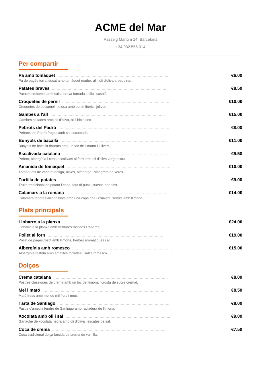 A printed menu for our demo restaurant