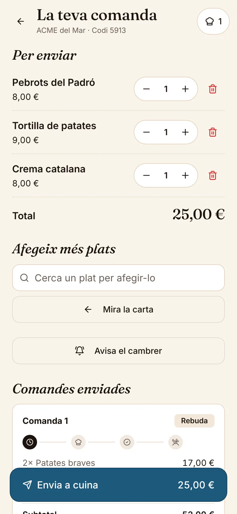 La cistella compartida de la taula al mòbil d'un client