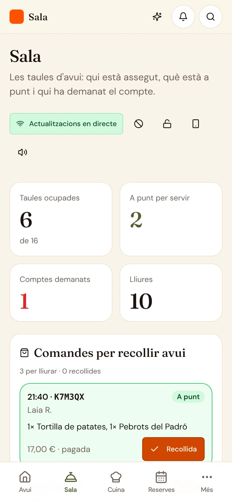 L'app de sala amb comandes a punt