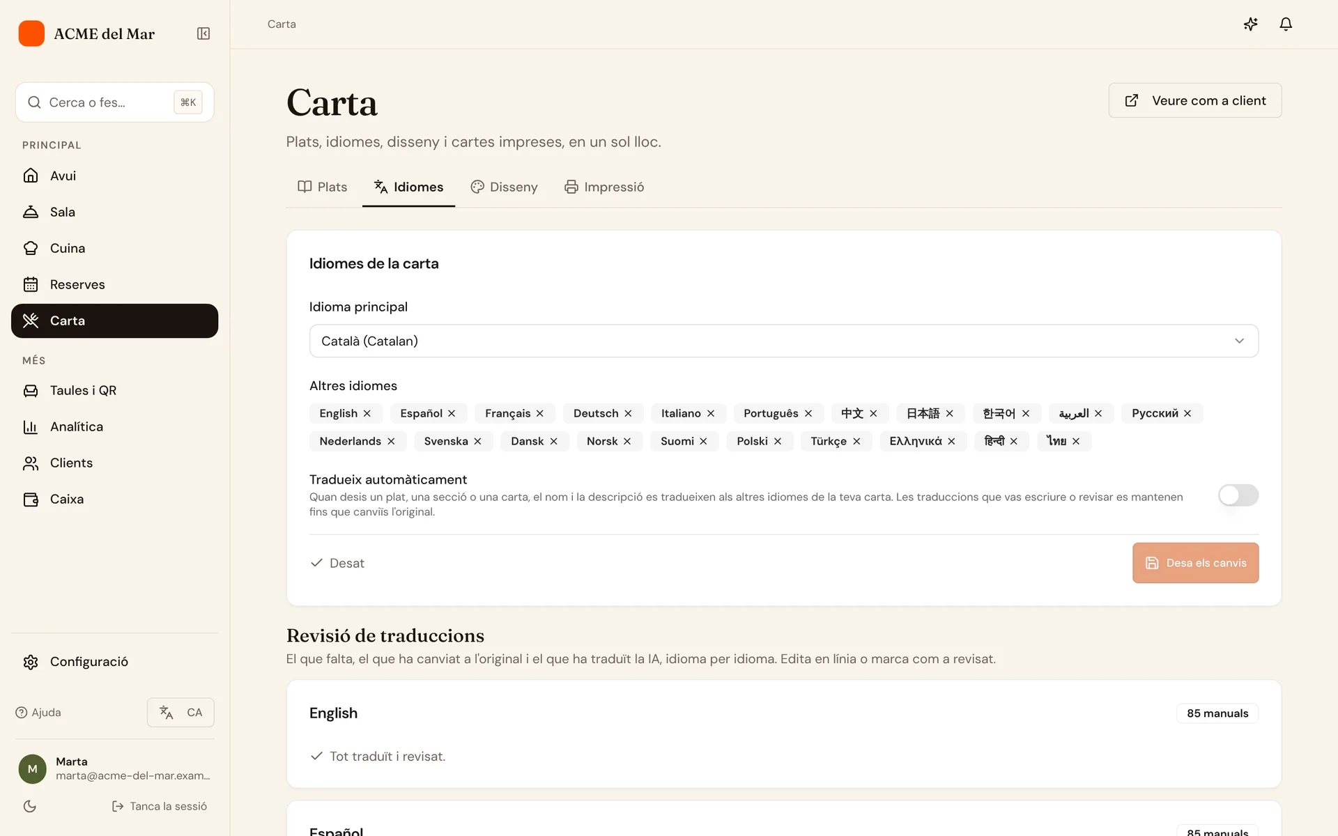 La configuració de traducció de la carta