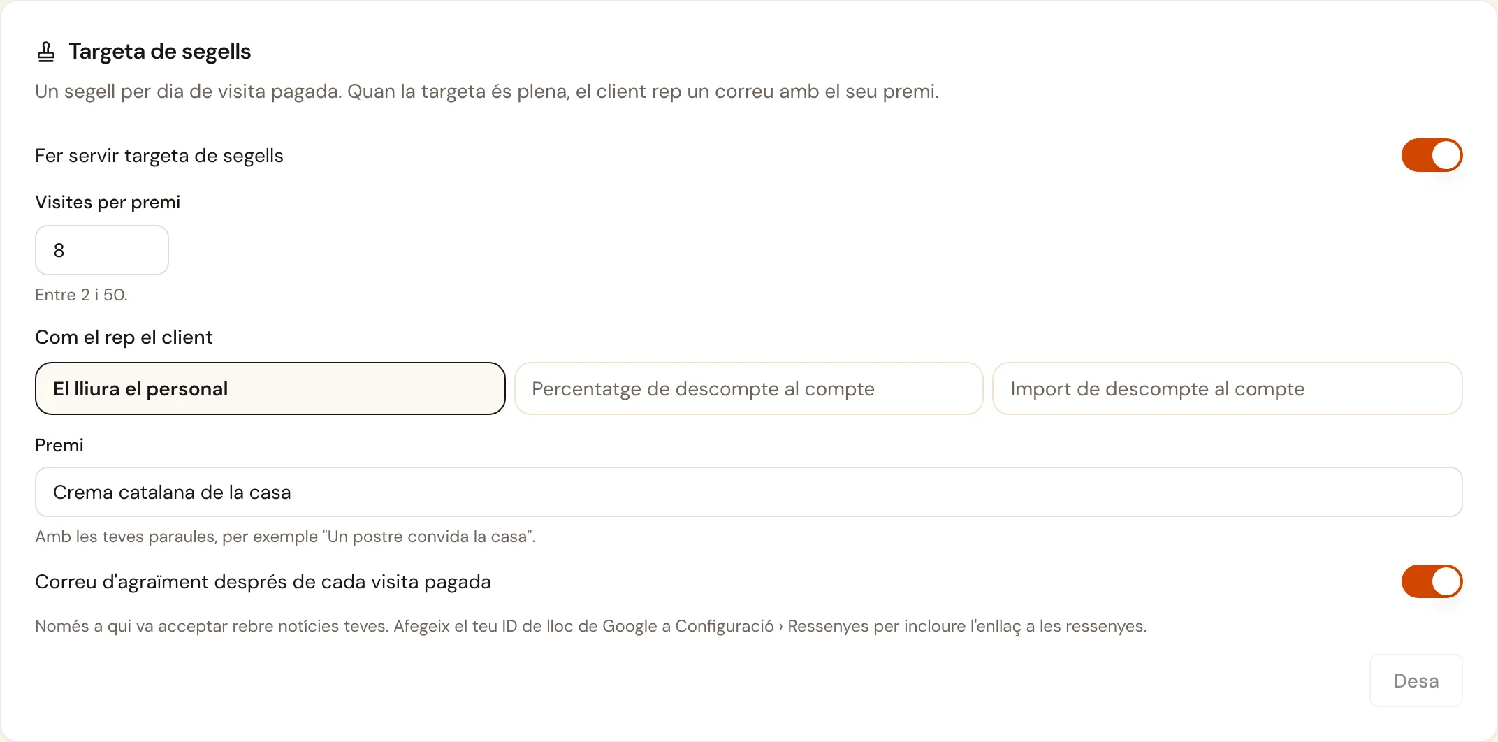 La configuració de la targeta de segells al restaurant de demostració
