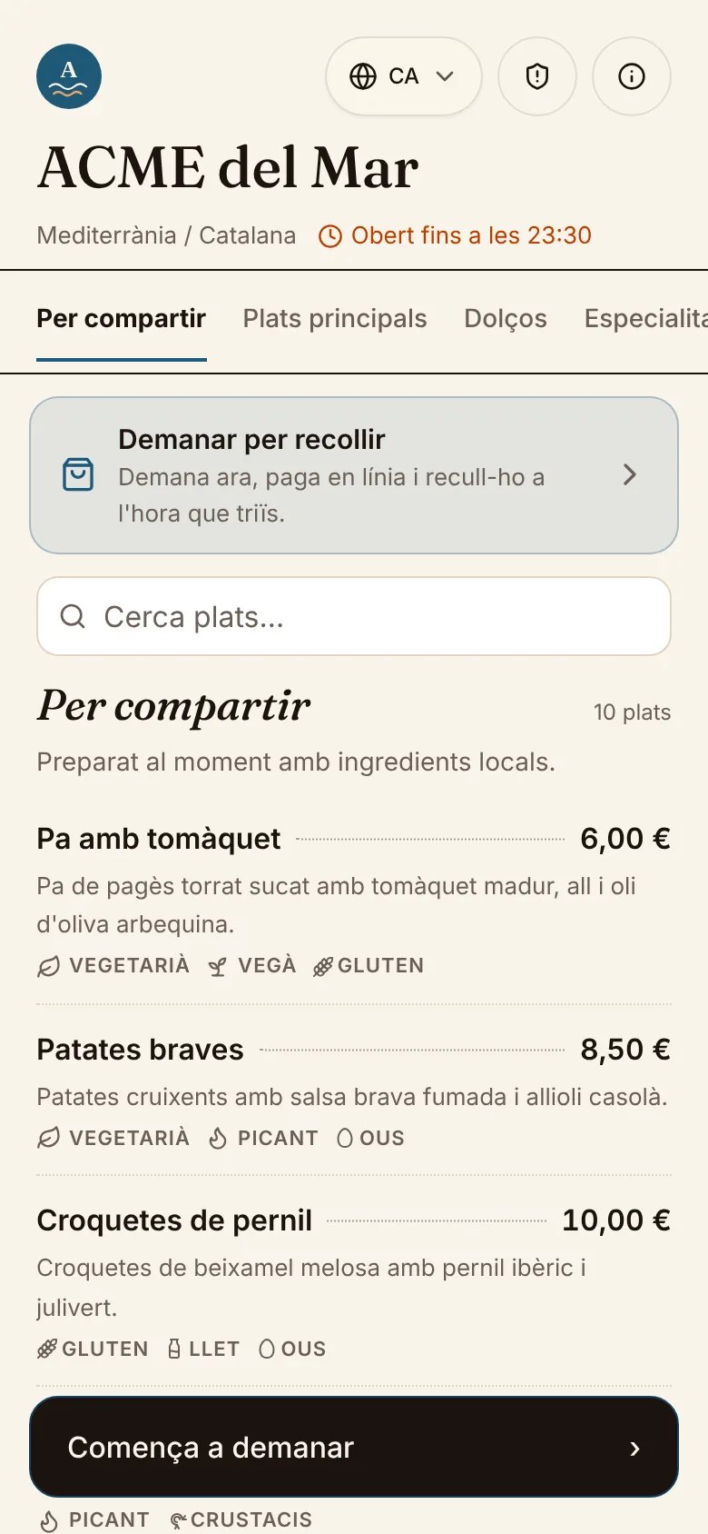 La carta del restaurant de demostració al mòbil d'un client