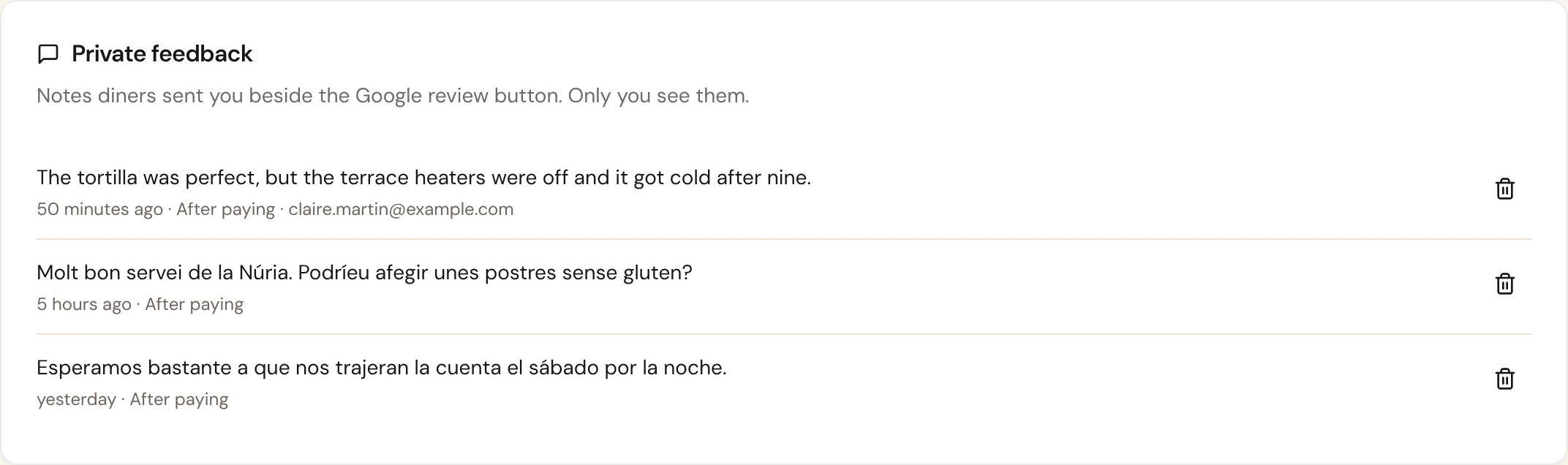 Private feedback from guests at the demo restaurant