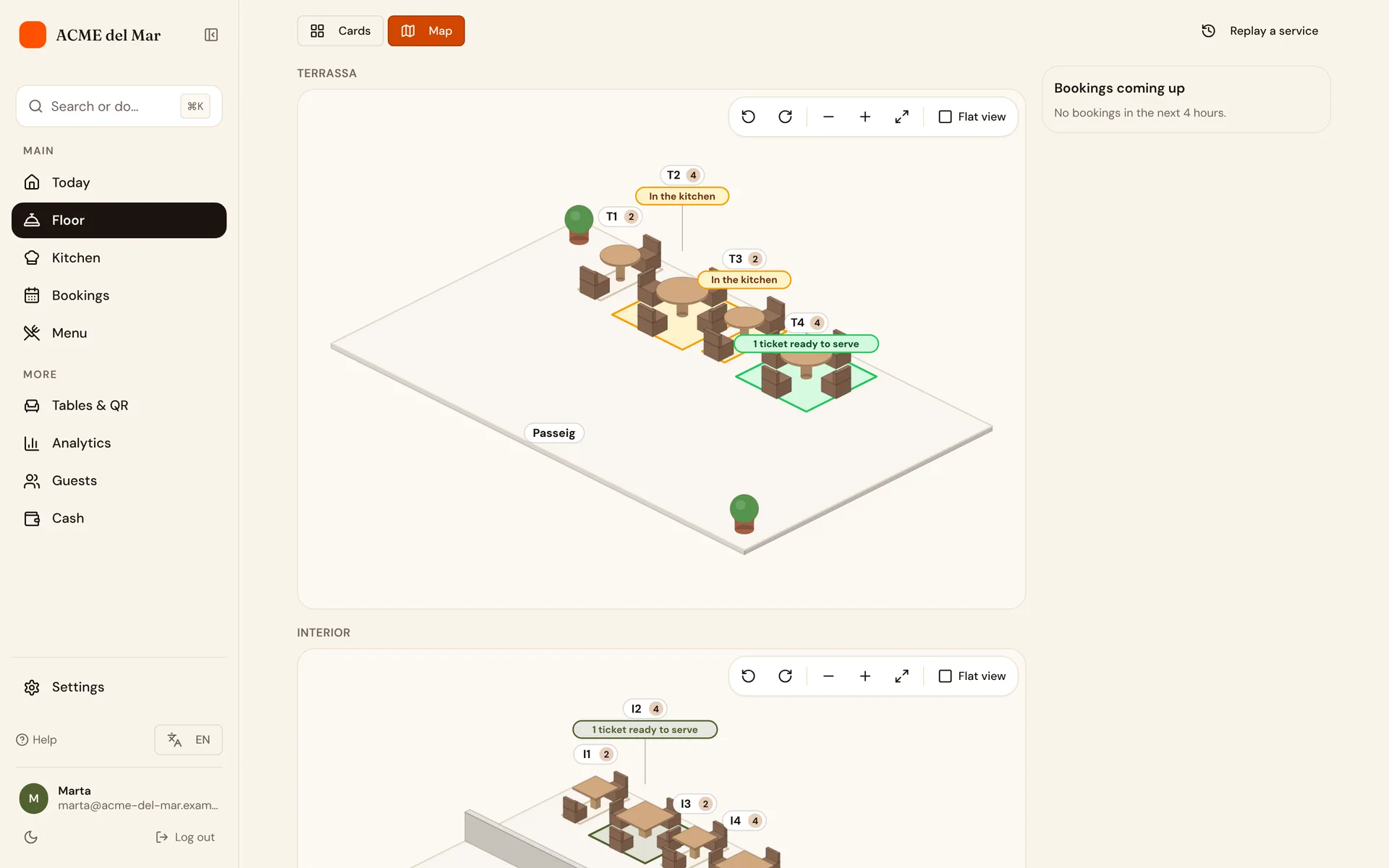 The live floor map of the demo restaurant during service