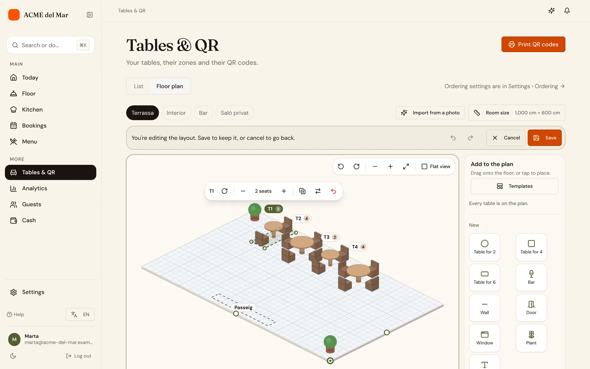 The floor plan editor with the demo restaurant's terrace