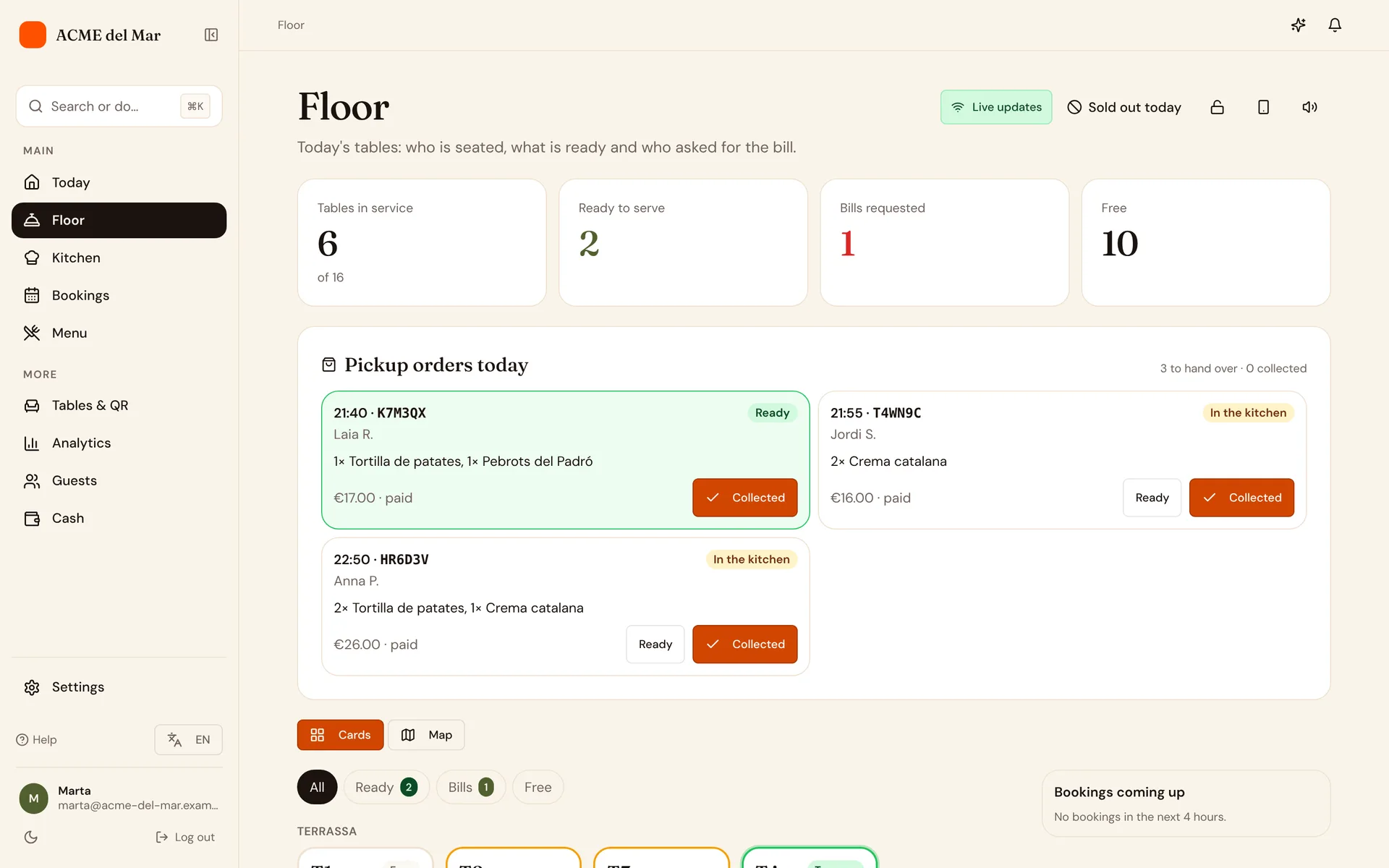 The ComidaQR floor app showing open tables, orders and bill requests