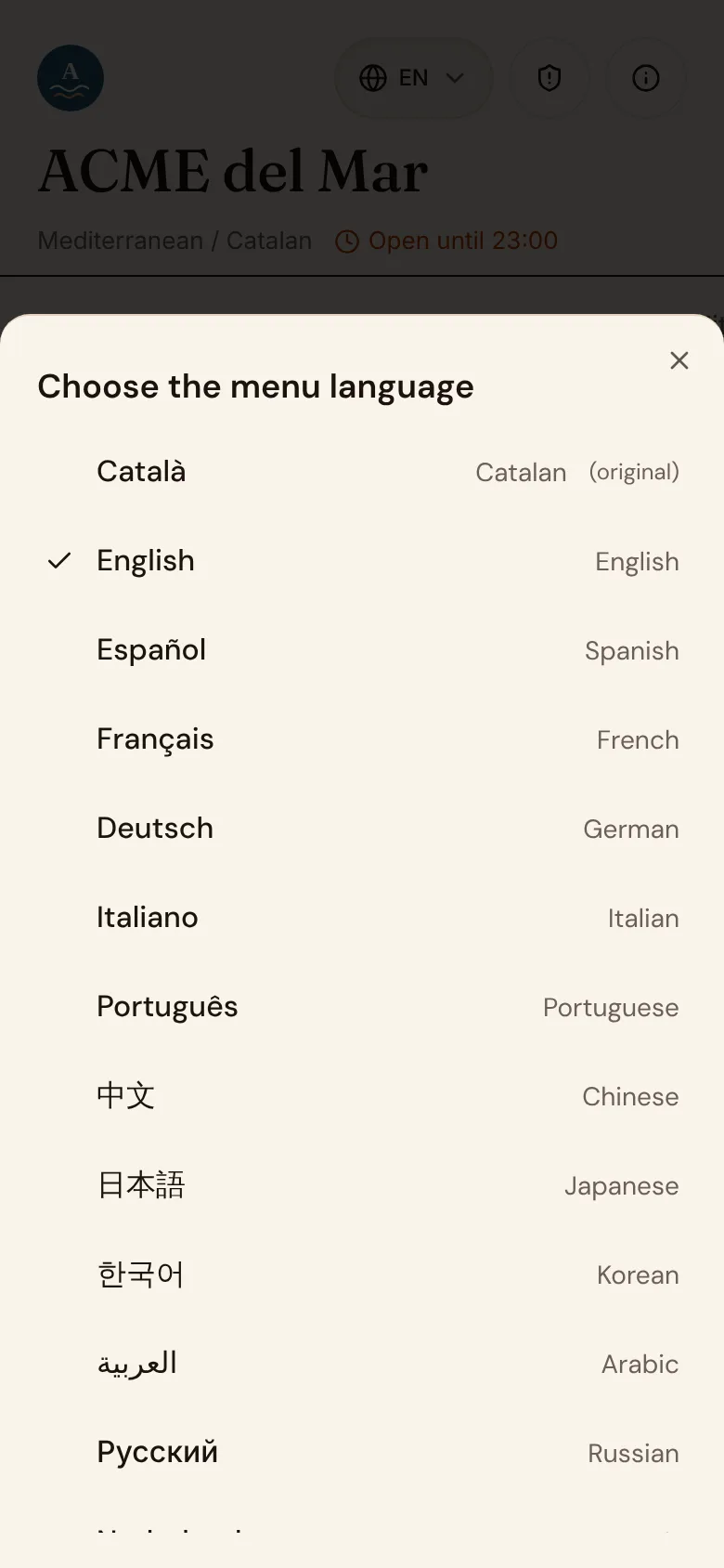 Language picker on the guest menu listing Català, English, Español, Français and more