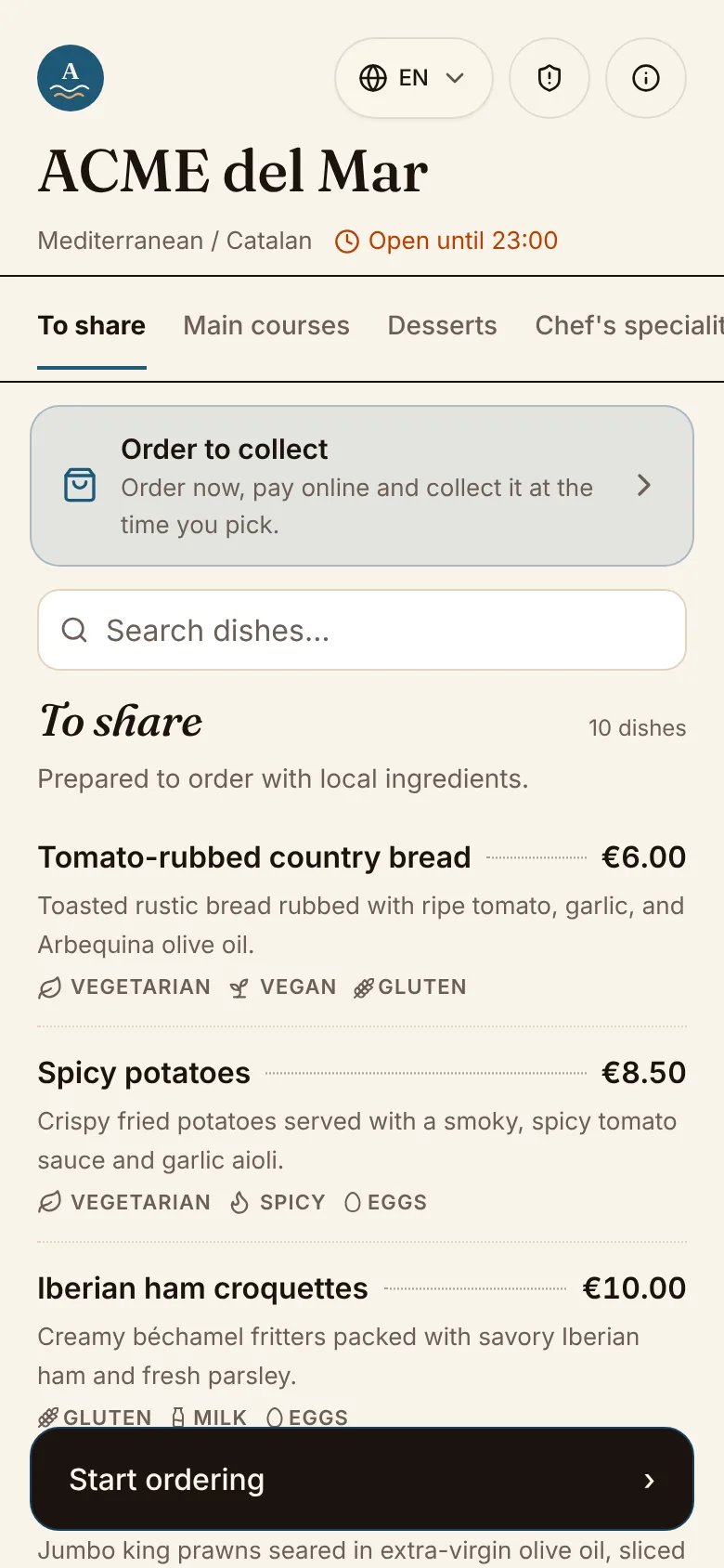 A guest's phone showing the demo restaurant's menu with dish photos and prices