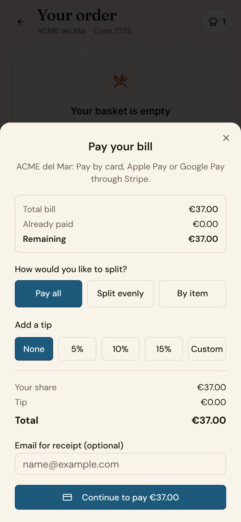 A guest paying the bill from the phone at the demo restaurant