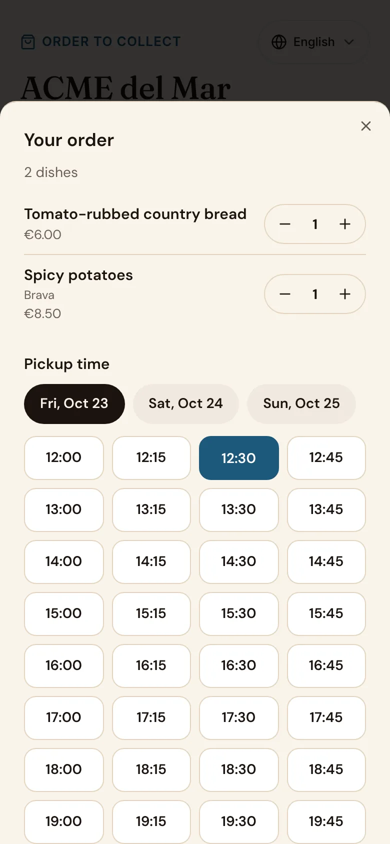 A guest choosing a pickup time at the demo restaurant