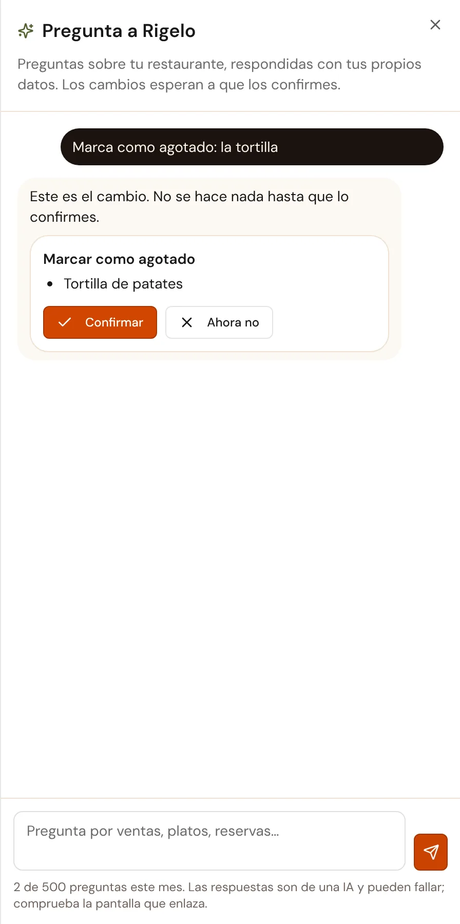 El asistente propone marcar un plato como agotado en el restaurante de demostración
