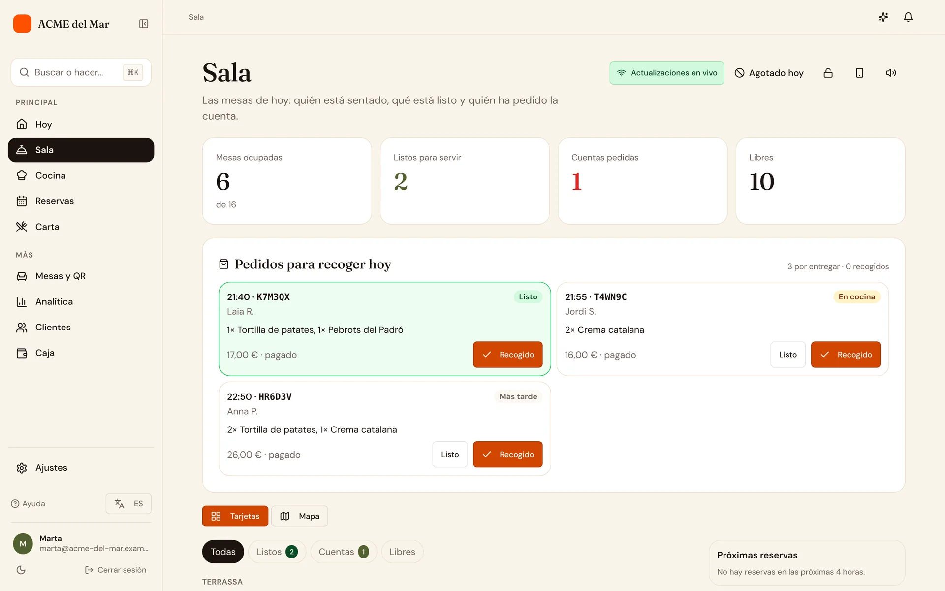 La app de sala de Rigelo con mesas abiertas, pedidos y cuentas pedidas