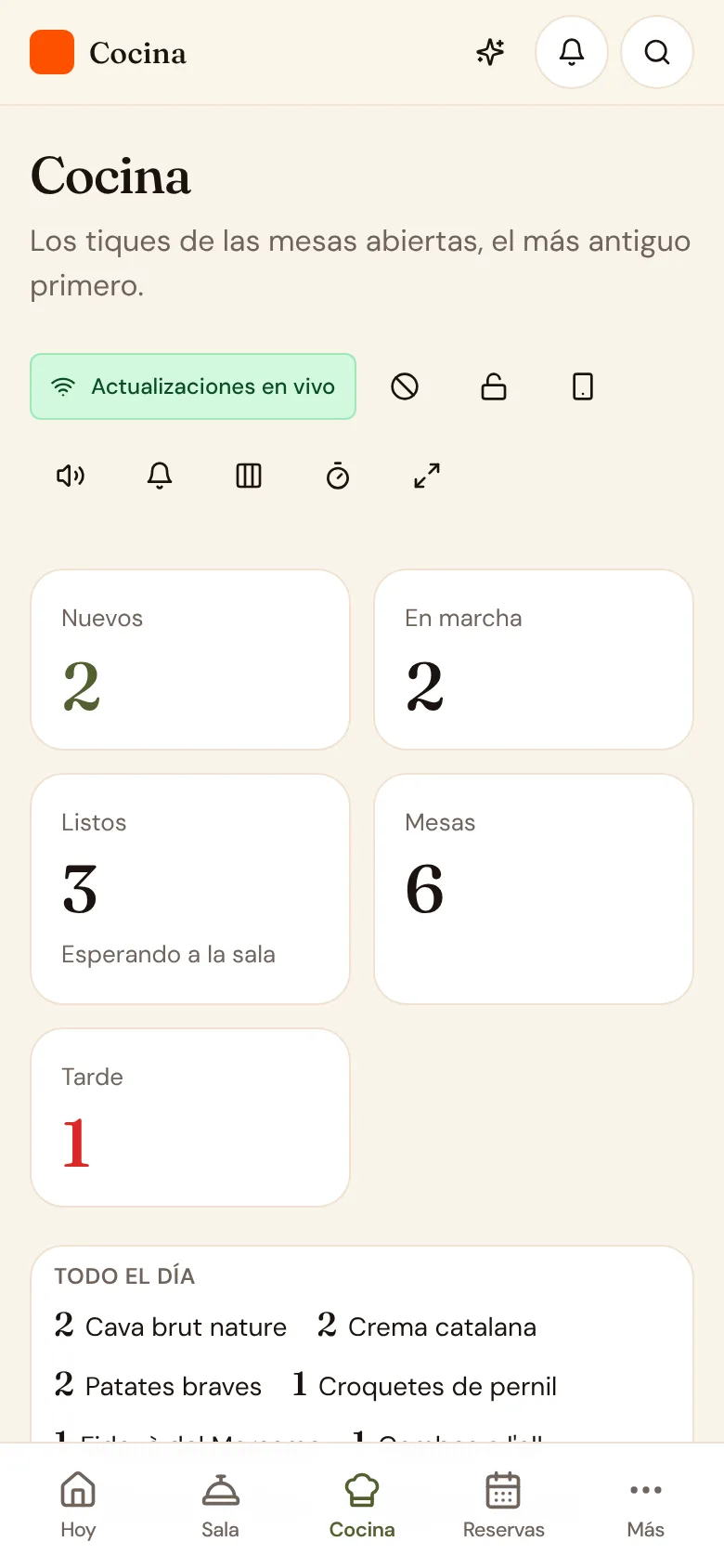 La pantalla de cocina con pedidos por mesa