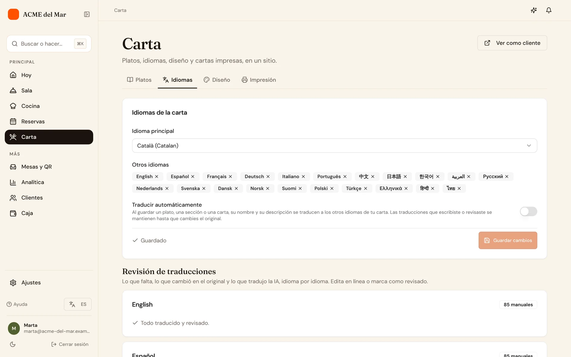 Los ajustes de traducción de la carta
