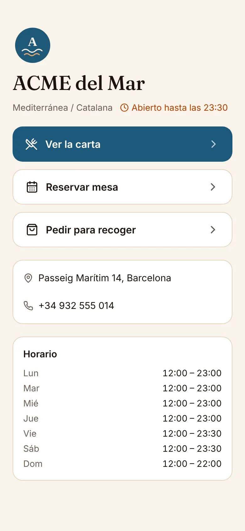 La página del enlace del restaurante de demostración