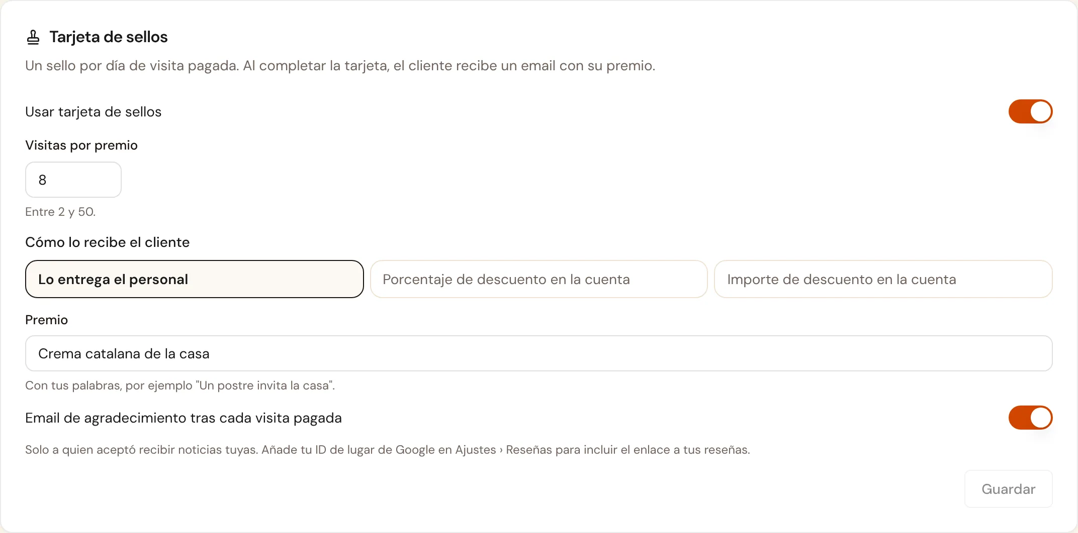 Los ajustes de la tarjeta de sellos en el restaurante de demostración