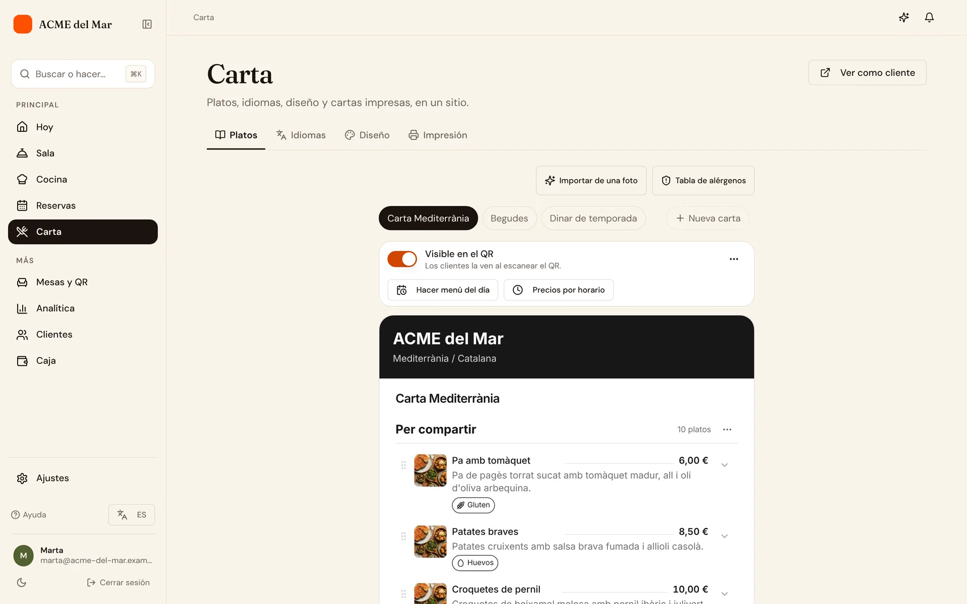 El editor de carta de Rigelo con secciones y platos