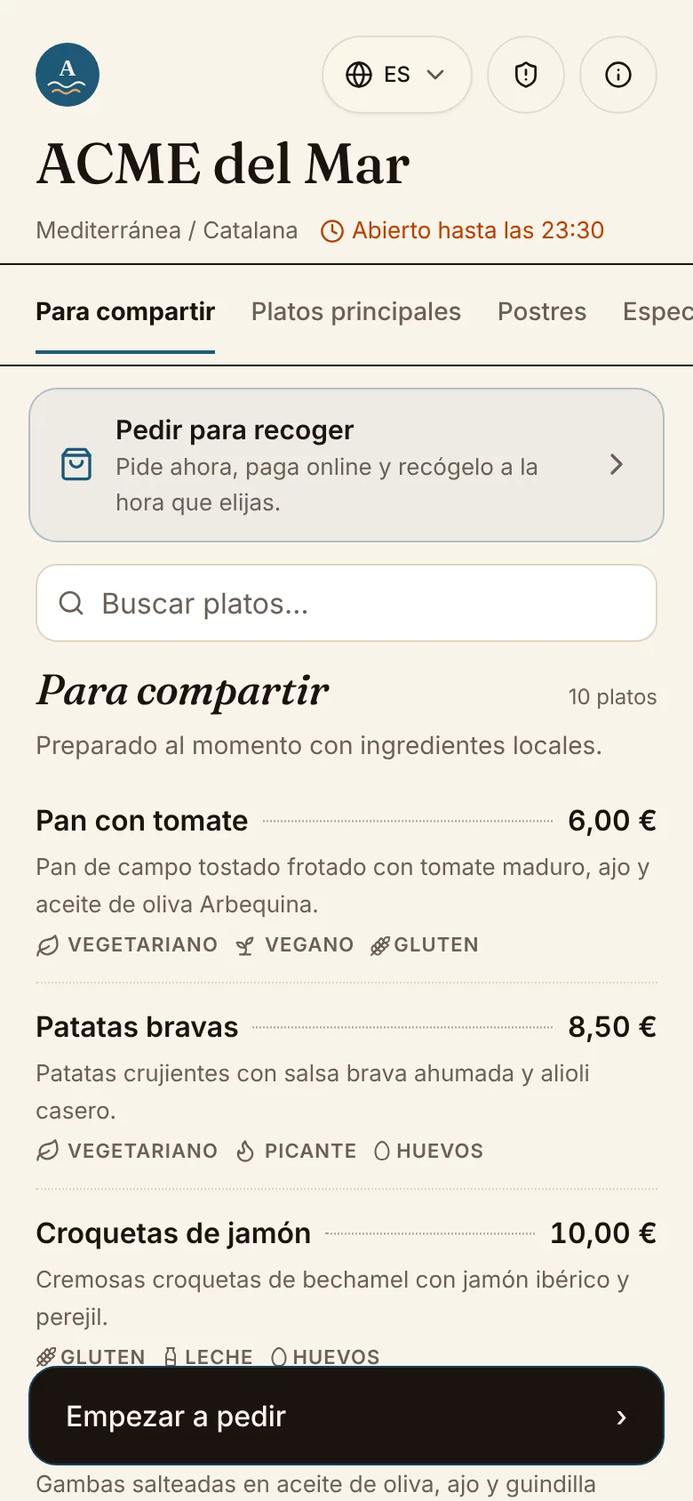 La carta del restaurante de demostración en el móvil de un cliente
